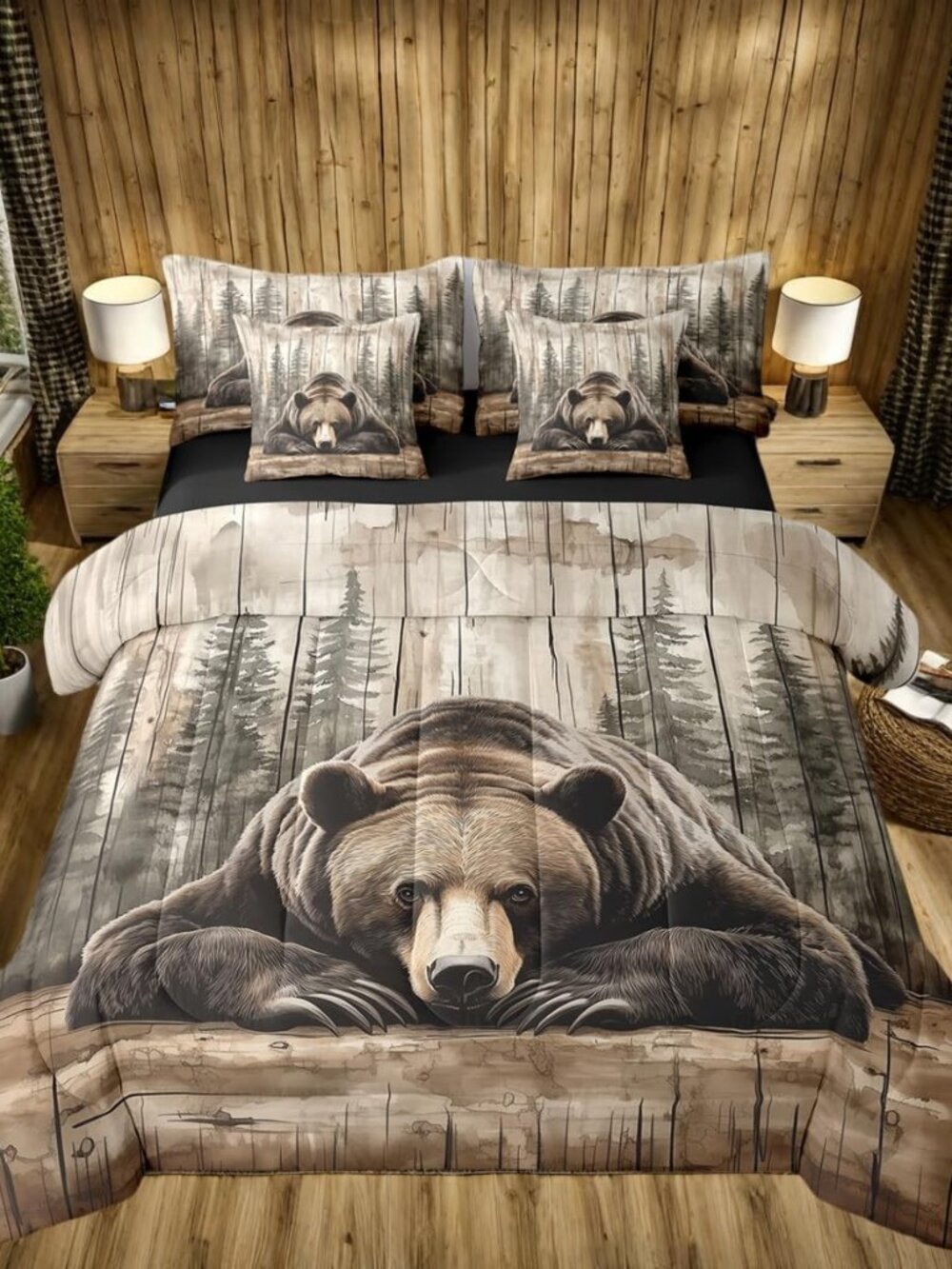 7 Pcs Grizzly Bear Bedding Set Full Hunting Wild Animal Comforter Set Rustic